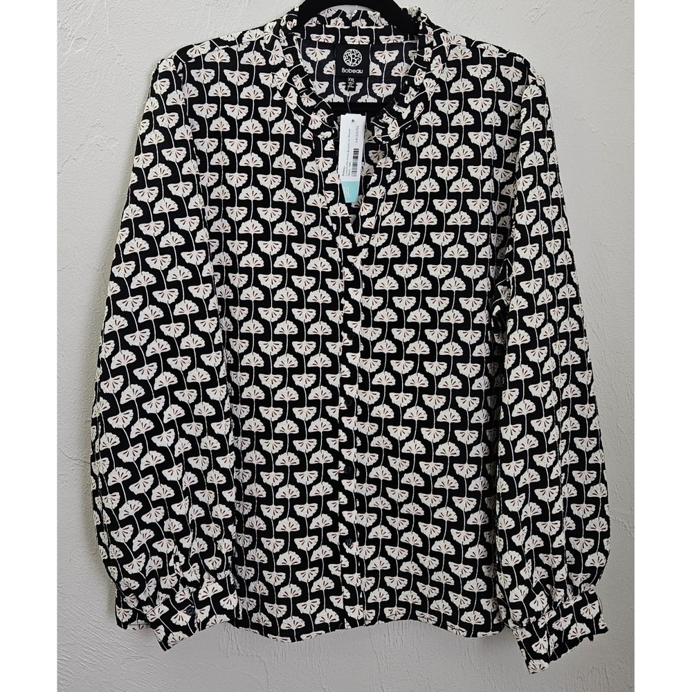 *New w/Tags Bobeau Women's Size XXL Black Luiza Ruffle Neck Button Up Blouse